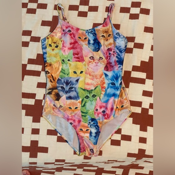 Girls Colorful Cat Print Swimsuit - Picture 2 of 4
